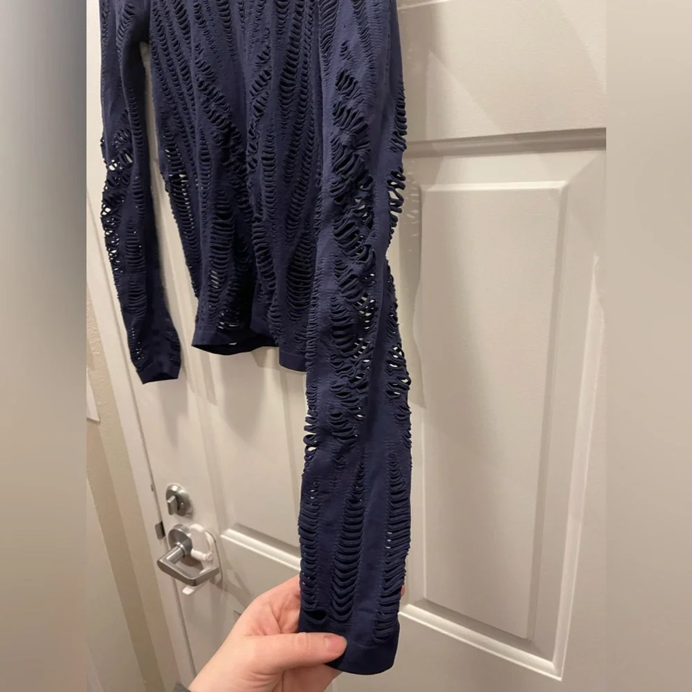 ALO Yoga Navy Blue Long Sleeve Laser-Cut Top